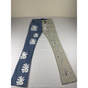 Cooper 9 Malibu Graphic Stack Jeans Mens 30 Half Blue Split Denim Palm NWT